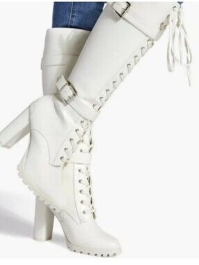 Shoe Dazzle White Knee High Combat High Heel Boots Women's Size 8 Zip & Lace Up